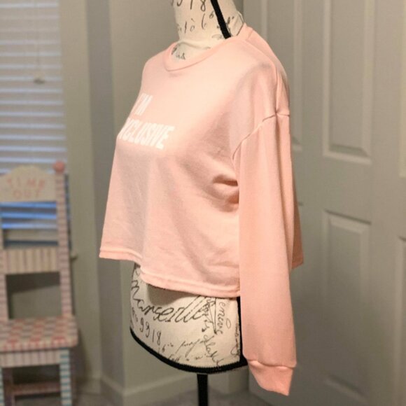 Women's/Junior's Long-Sleeved Pink Pajama Crop Top that says "I'm Exclusive" - Picture 3 of 3